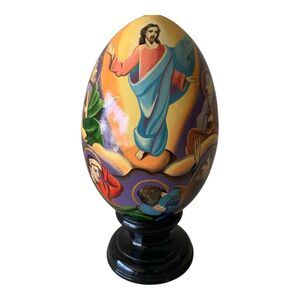 Vintage Wooden Painted Ukrainian Egg Christian Decorative Decor Lacquer w/ Stand